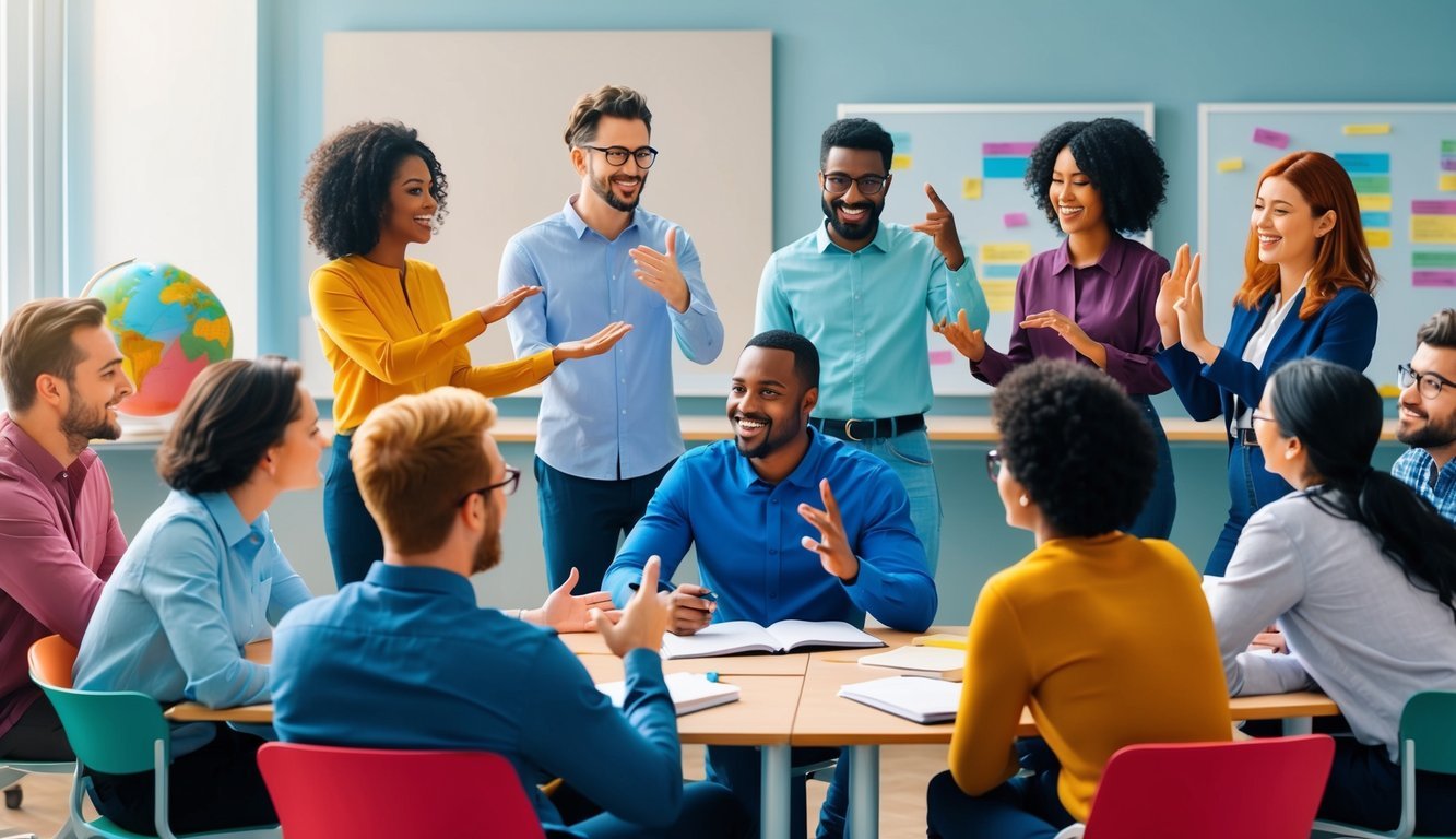 A group of diverse people engage in a lively discussion, gesturing and listening attentively in a modern classroom setting