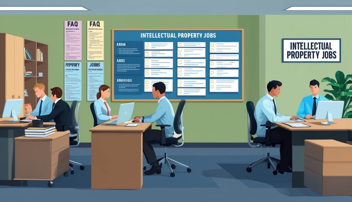 A busy office with people working at desks, a large bulletin board with FAQ topics, and a sign reading "Intellectual Property Jobs"