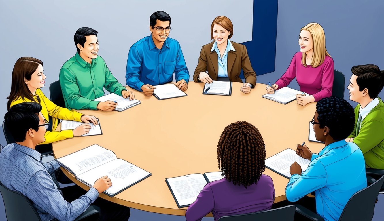 A group of people gathered around a table, engaging in conversation and actively listening to each other.</p><p>An instructor stands at the front, leading a discussion