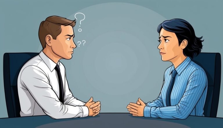 Two people in business attire facing each other, with question marks above one