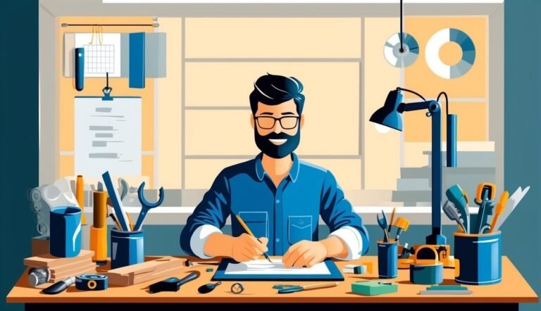 Bearded man in glasses writing at a desk with tools