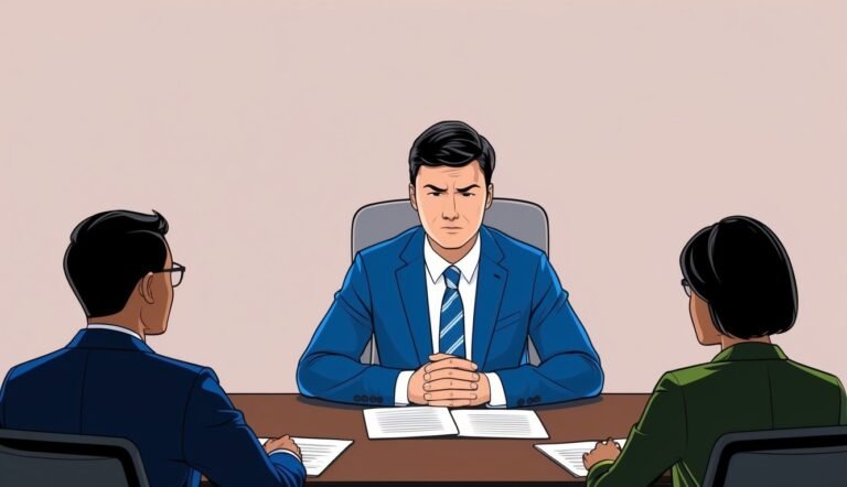 Three business people at a table, one looking stern