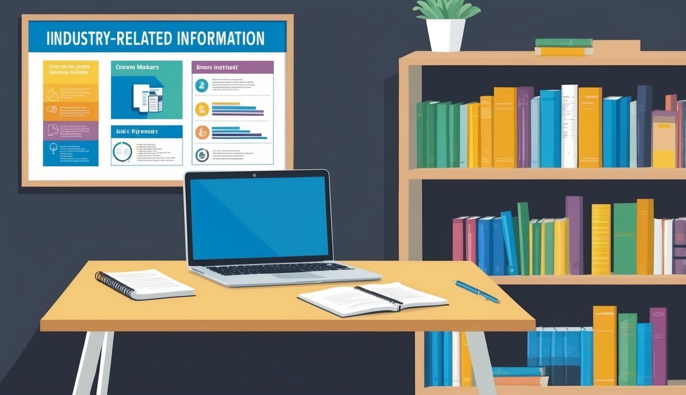 Laptop, industry information board, books, and desk in a study setting