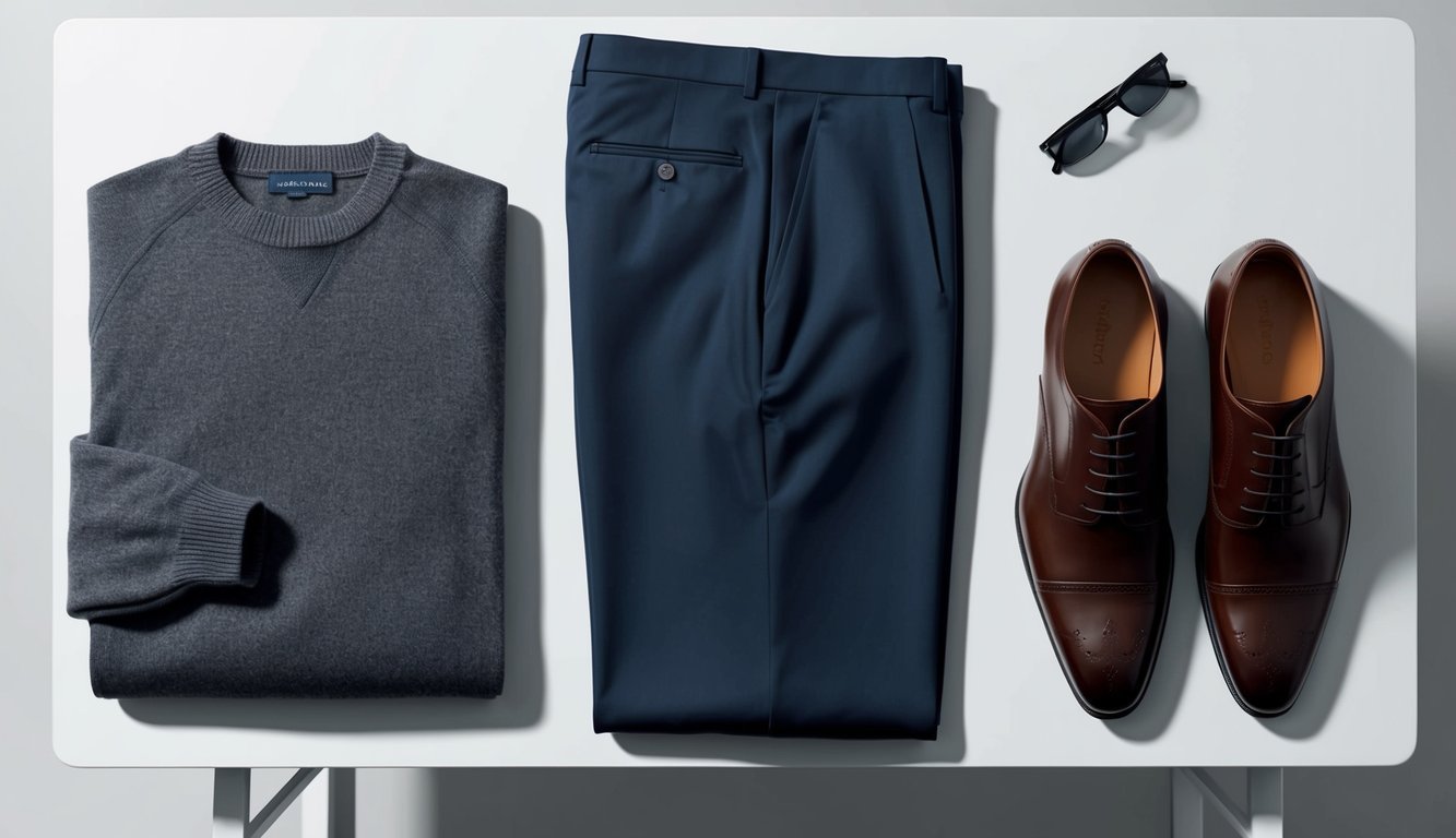 A neatly folded crewneck sweater, a pair of tailored trousers, and a polished pair of dress shoes laid out on a clean, minimalist desk