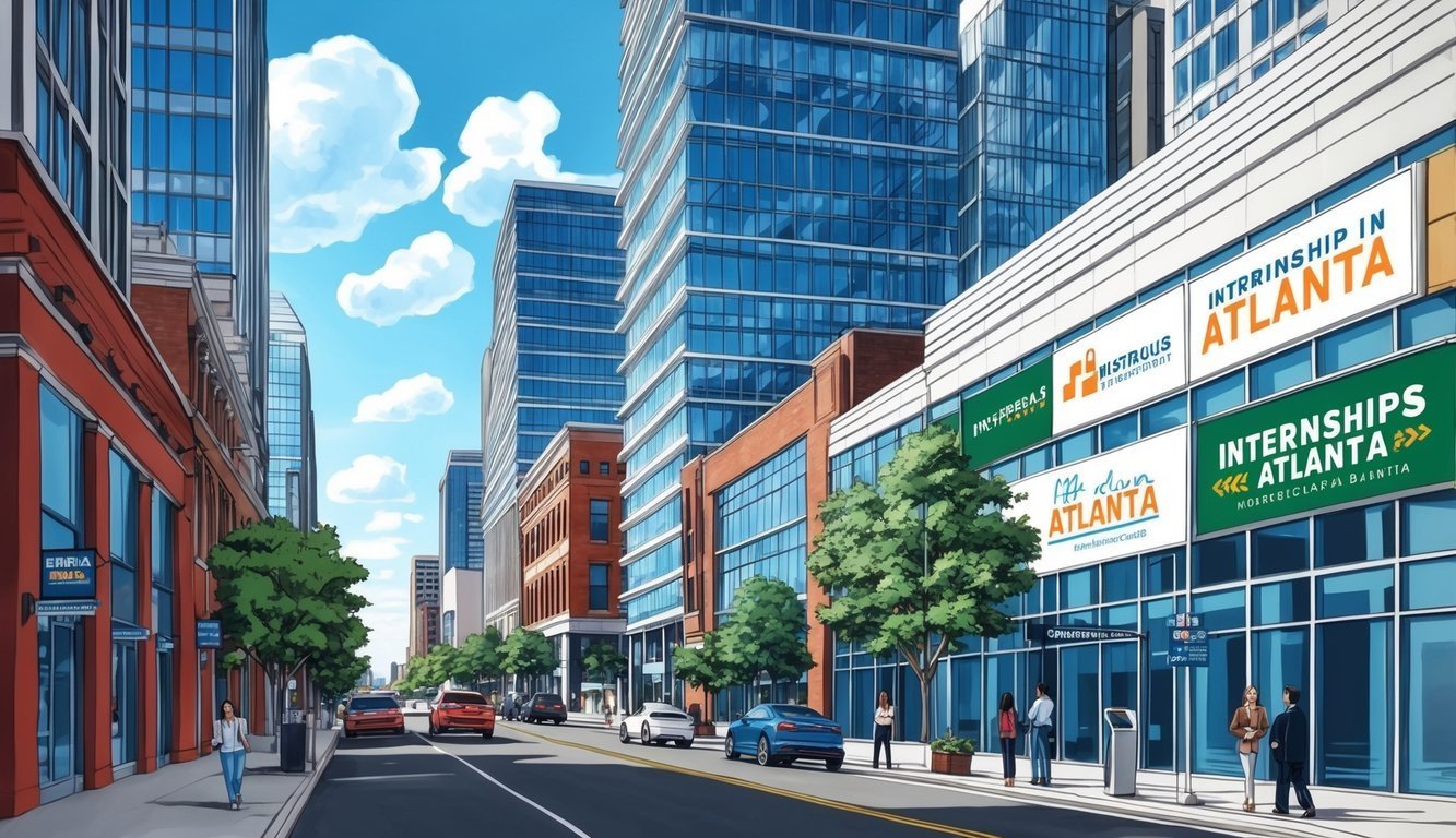 City street scene with tall buildings, cars, and "Internship in Atlanta" signs