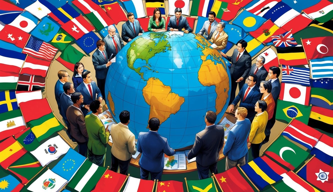 A globe surrounded by diverse flags, with a group of people from different cultures gathered around it, engaged in discussion and collaboration