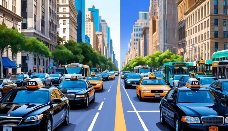 City street scene with taxis, buses, and tall buildings