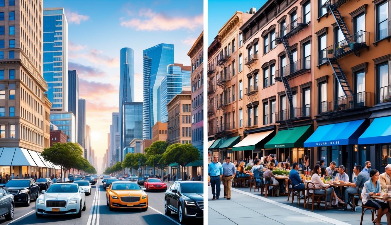 A bustling city street in California with high-rise buildings, luxury cars, and upscale shops contrasted with a busy New York neighborhood with crowded sidewalks, diverse eateries, and iconic brownstone buildings