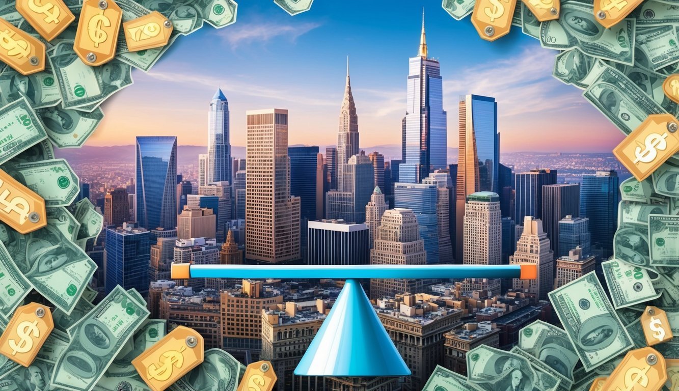 A bustling city skyline with a scale comparing California and New York, surrounded by price tags and currency symbols