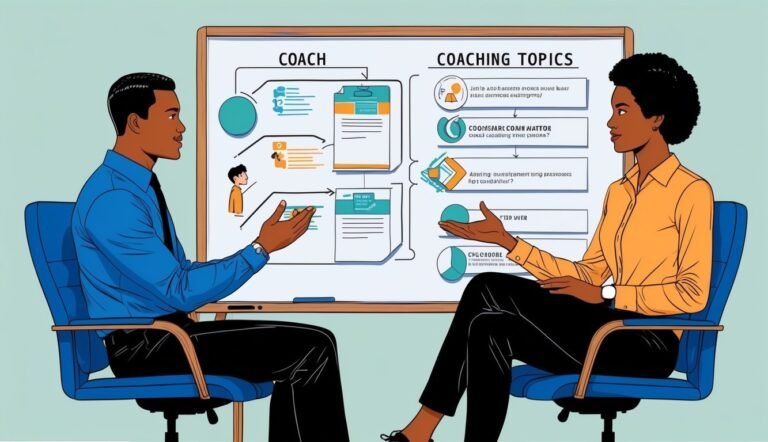 Two people discussing coaching topics in front of a whiteboard