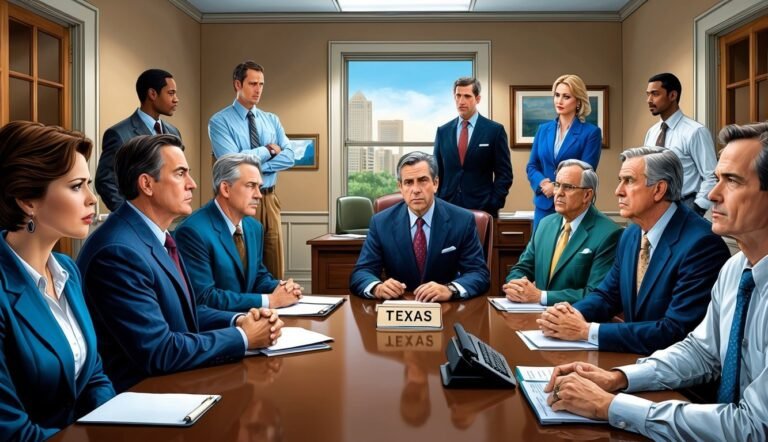 A group of people in suits at a Texas meeting