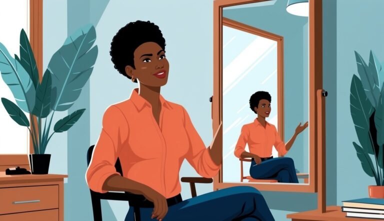 Woman in orange shirt sits, looking at her reflection in a mirror