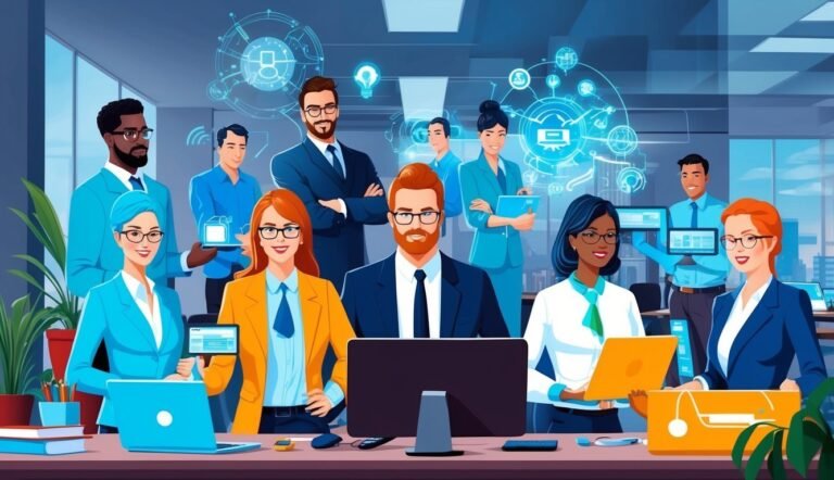 Diverse team of professionals working in a modern office setting with technology
