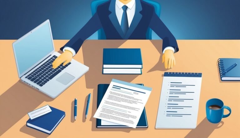 Businessman at desk with laptop, documents, books, and coffee cup