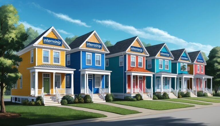 Colorful houses with "internship" signs, representing different internship opportunities