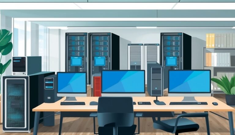Server room with computers, servers, and a desk with chairs