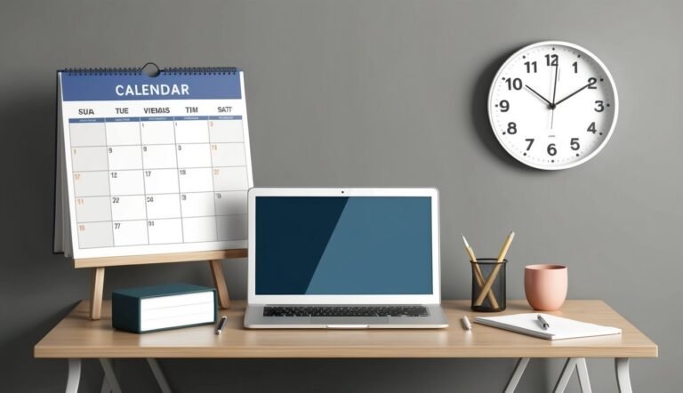 Desk with calendar, laptop, clock, and office supplies