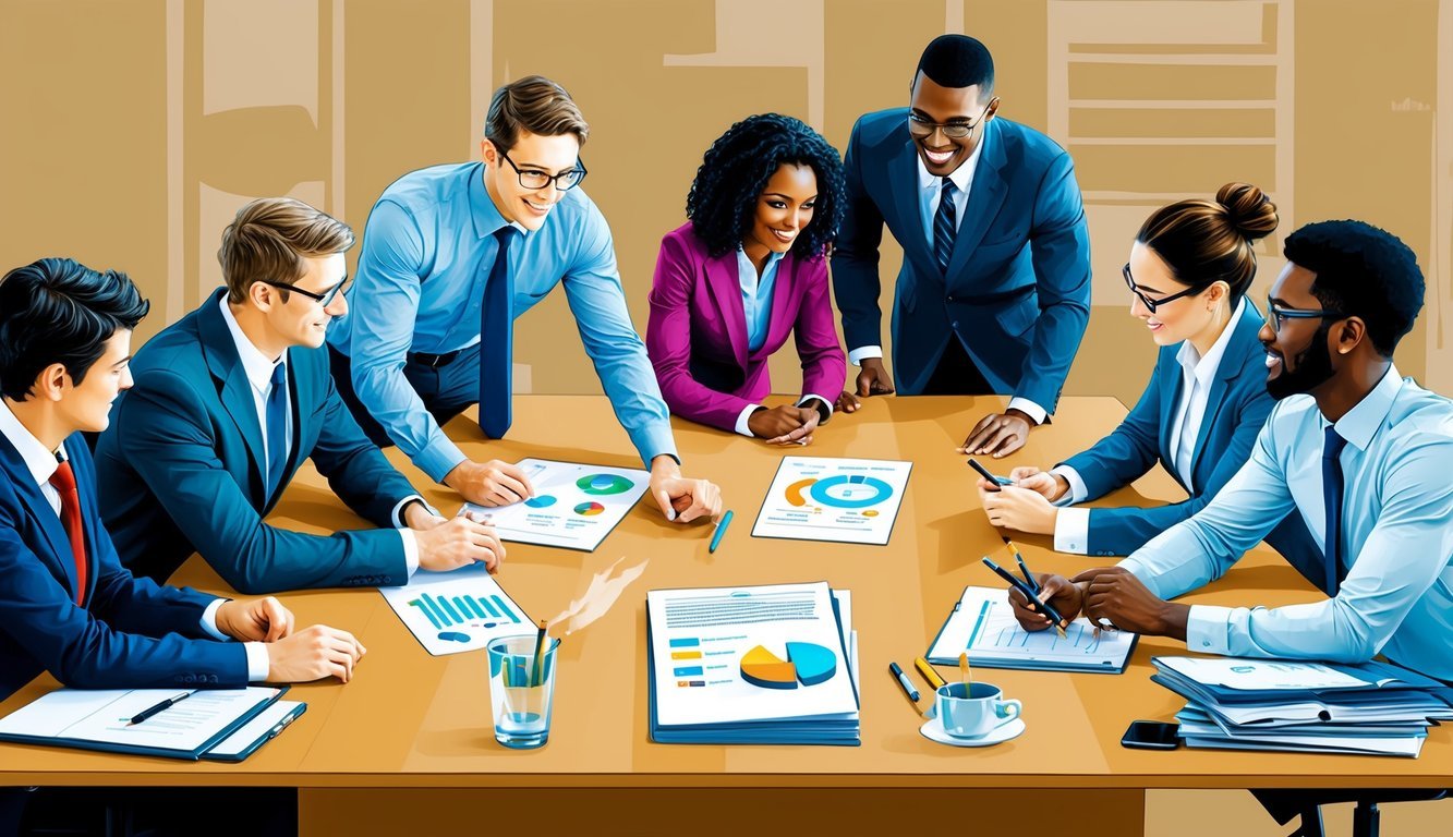 A group of diverse professionals collaborating around a conference table, brainstorming and strategizing for the future