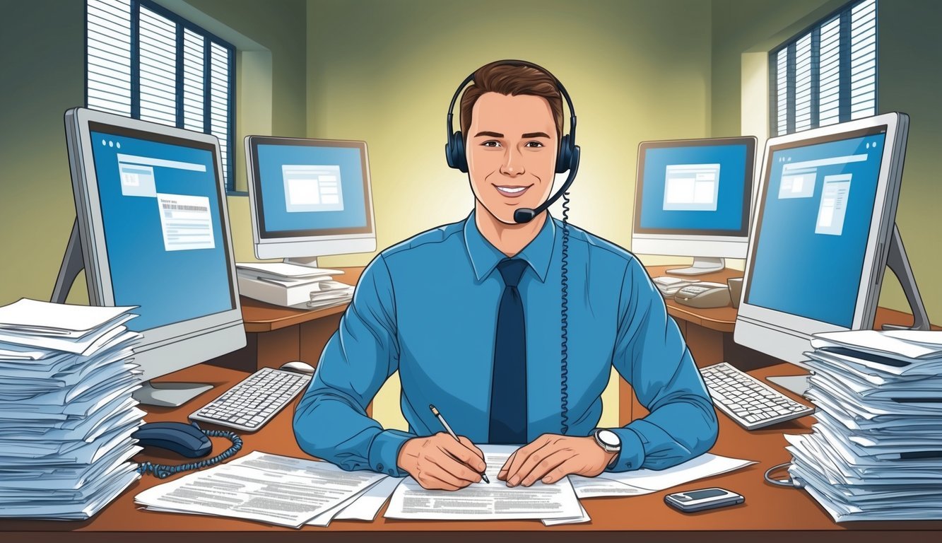 A person at a desk, surrounded by computer screens and paperwork, with a phone and headset, answering questions and providing information