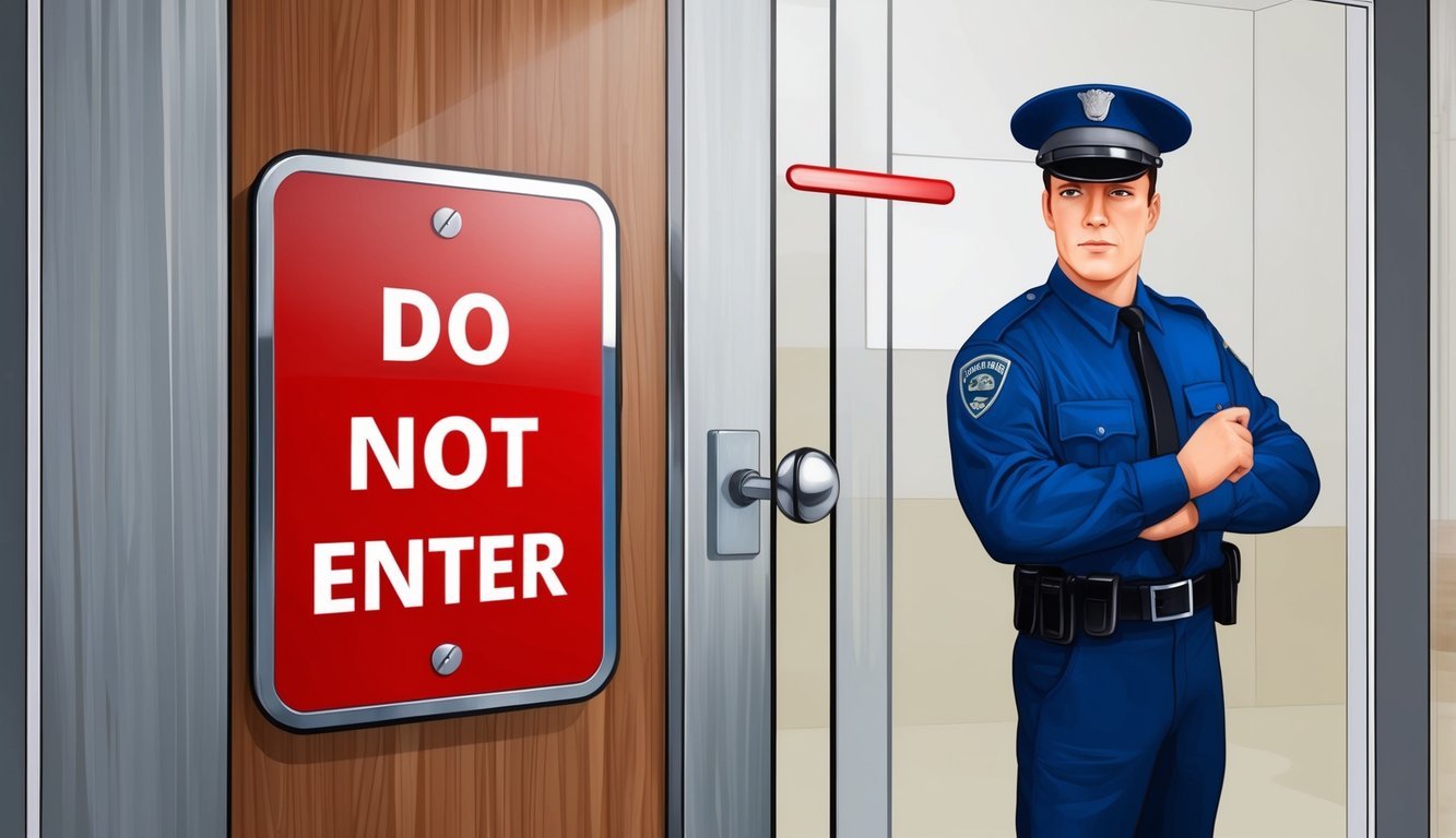 A locked door with a red "Do Not Enter" sign and a security guard standing watch