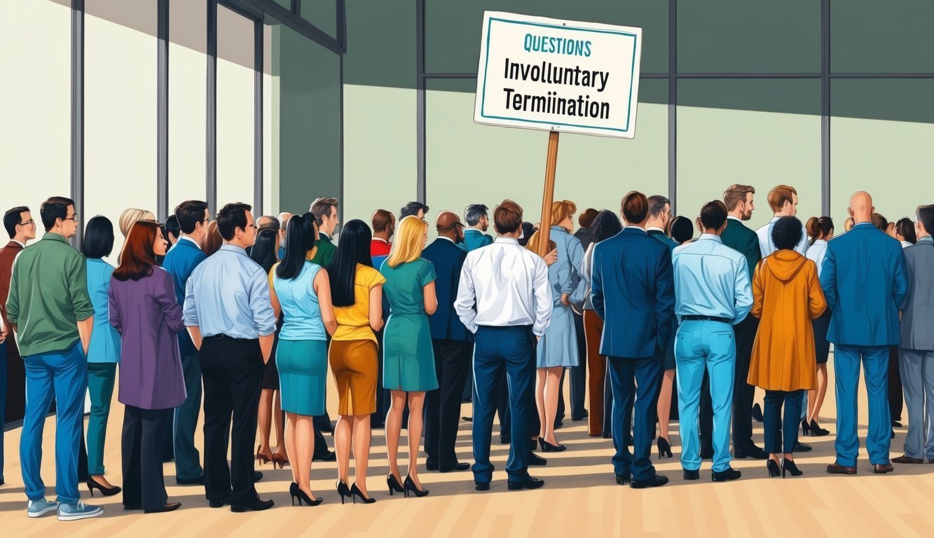 A group of people lined up, waiting to ask questions about involuntary termination.</p><p>A sign indicates the topic of discussion