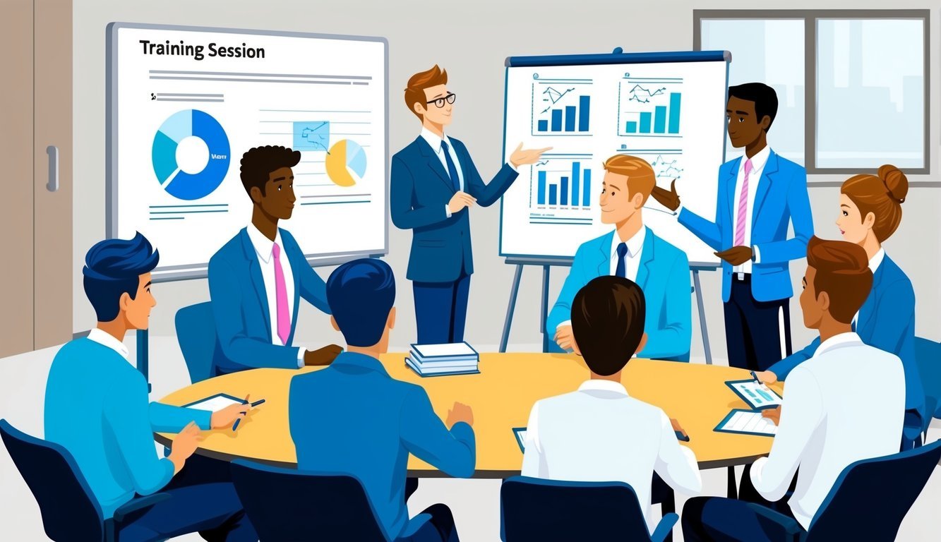 A group of professionals gathered around a table, engaging in a training session.</p><p>Charts and diagrams are displayed on a whiteboard, while one person leads the discussion