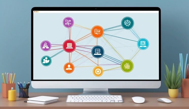 Computer monitor displaying a network diagram with icons and connecting lines