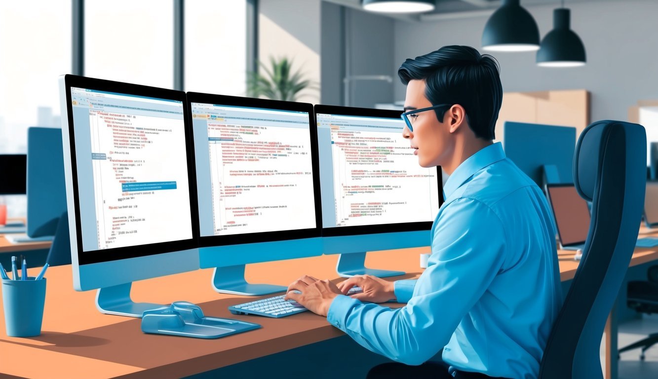 An IT software engineer debugging code on multiple computer screens in a modern office setting