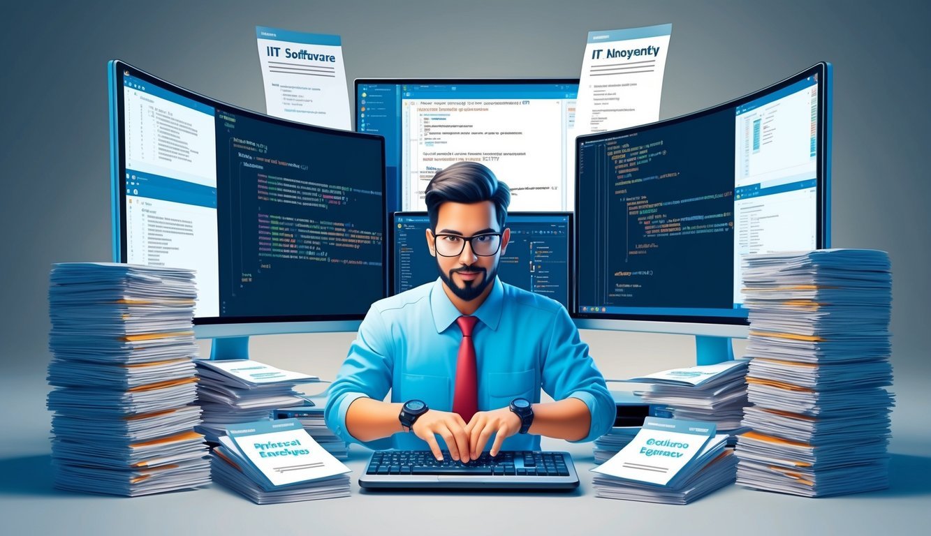 An IT software engineer surrounded by a stack of frequently asked questions documents, typing on a computer with multiple screens displaying code and technical information