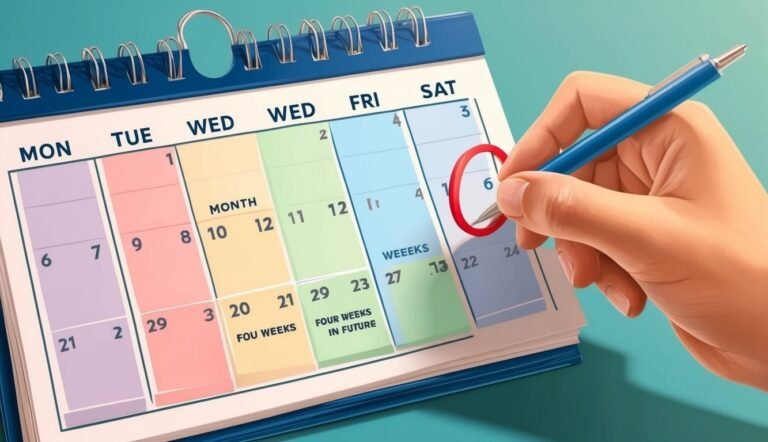Hand circling date on a calendar with a blue pen, marking the 6th