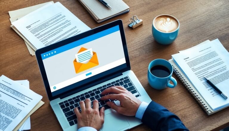 Person typing on laptop with email icon, coffee, and documents on desk