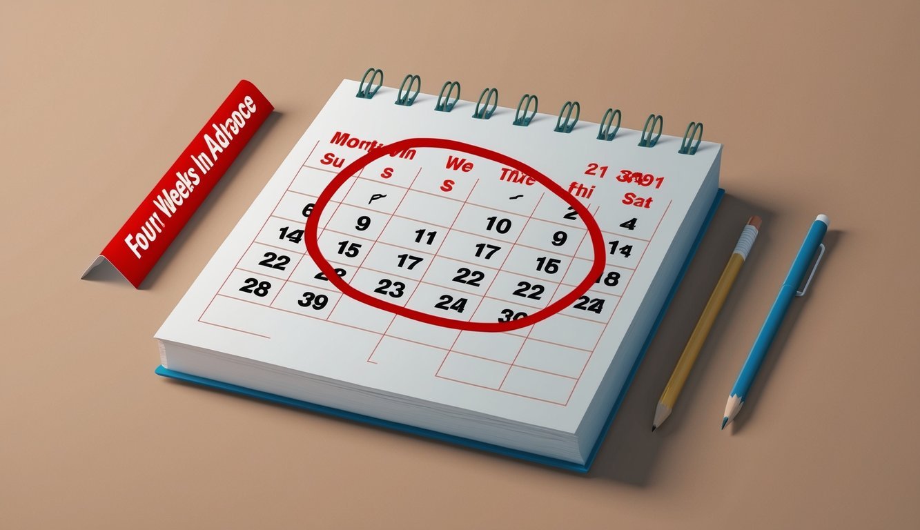 A calendar with a date four weeks in advance circled in red