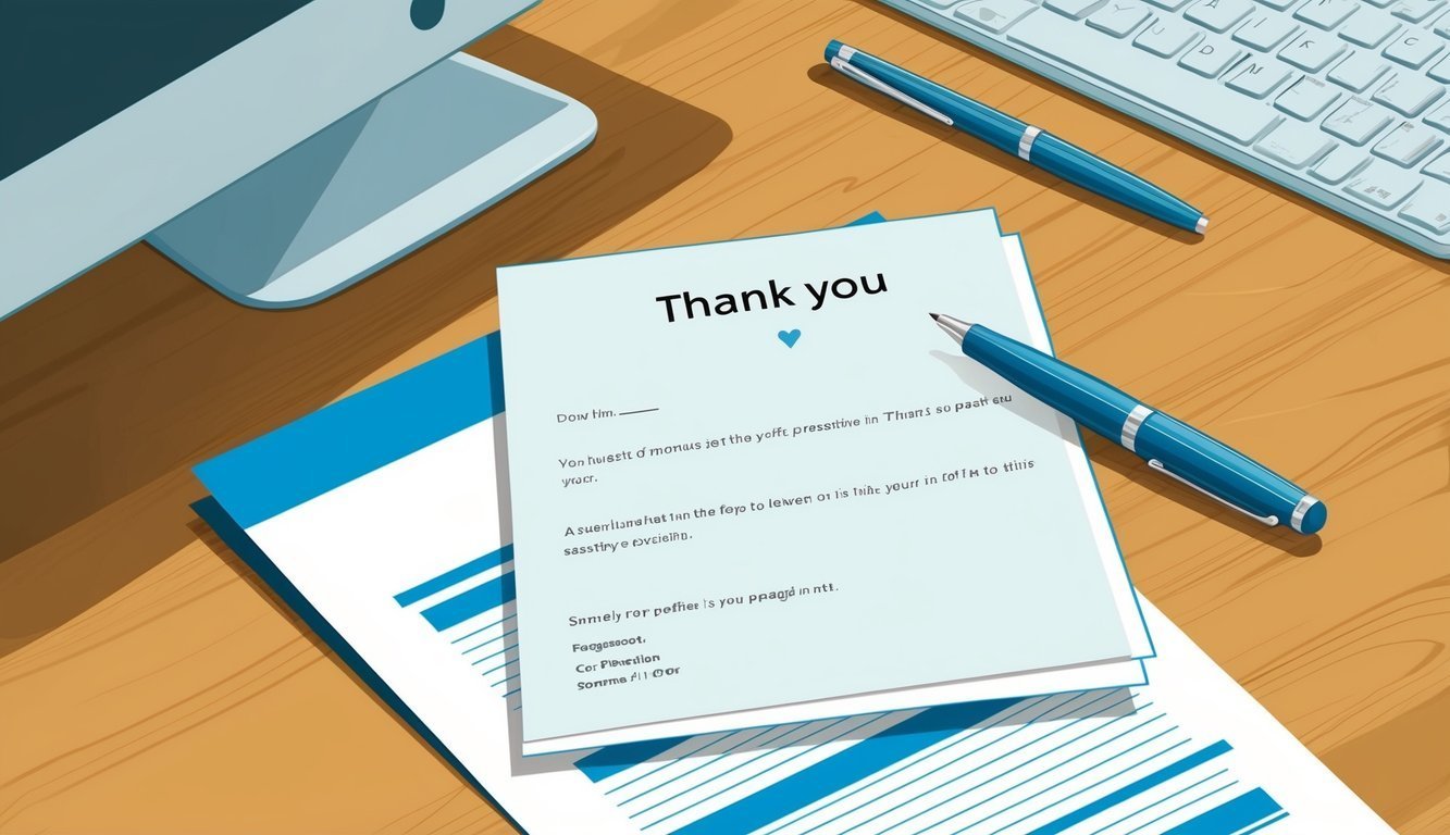 A "Thank You" note with pens, keyboard, and computer on a wooden desk