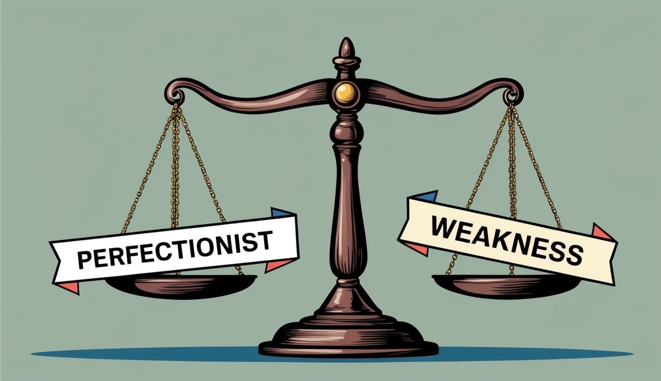 A scale with one side weighed down by "perfectionist" and the other side lifted by "weakness," creating an imbalance