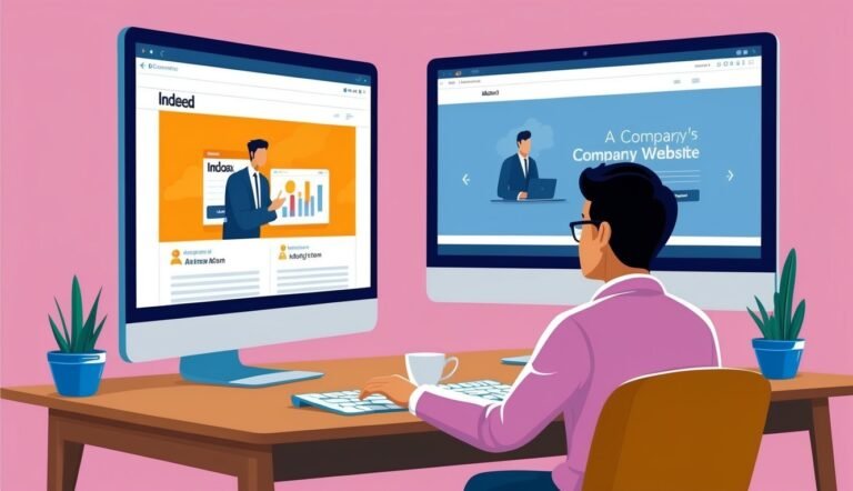 Man working on a computer with two screens, websites displayed