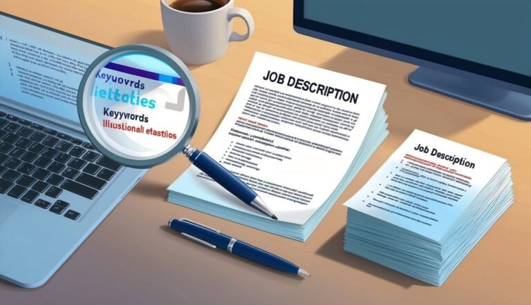 Job descriptions, laptop, magnifying glass, and coffee cup on a desk