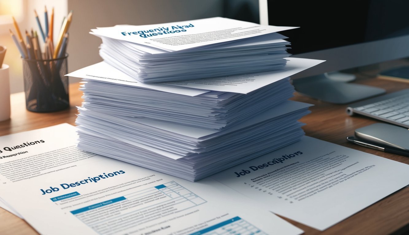 A stack of papers with "Frequently Asked Questions" and "Job Descriptions" on a desk