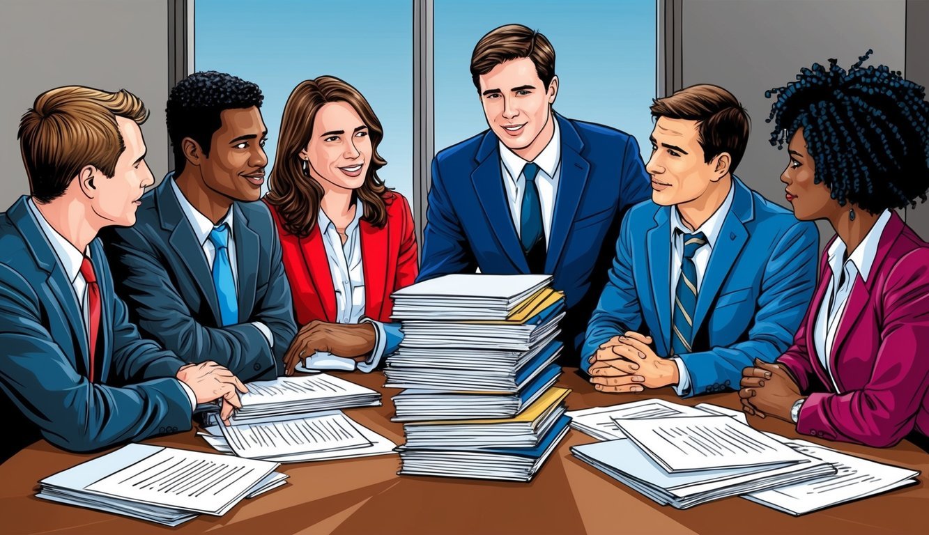 A group of political science students gather around a table, discussing internships.</p><p>A stack of papers and folders sits in the center