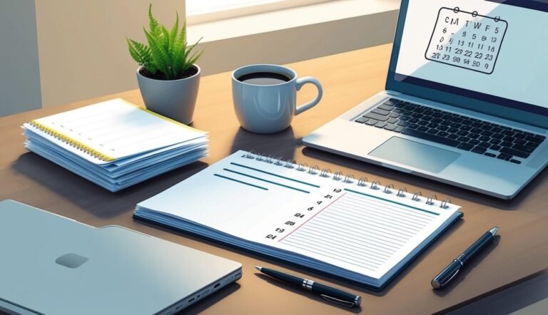 Desk with laptop, notepad, pen, coffee, and a small potted plant