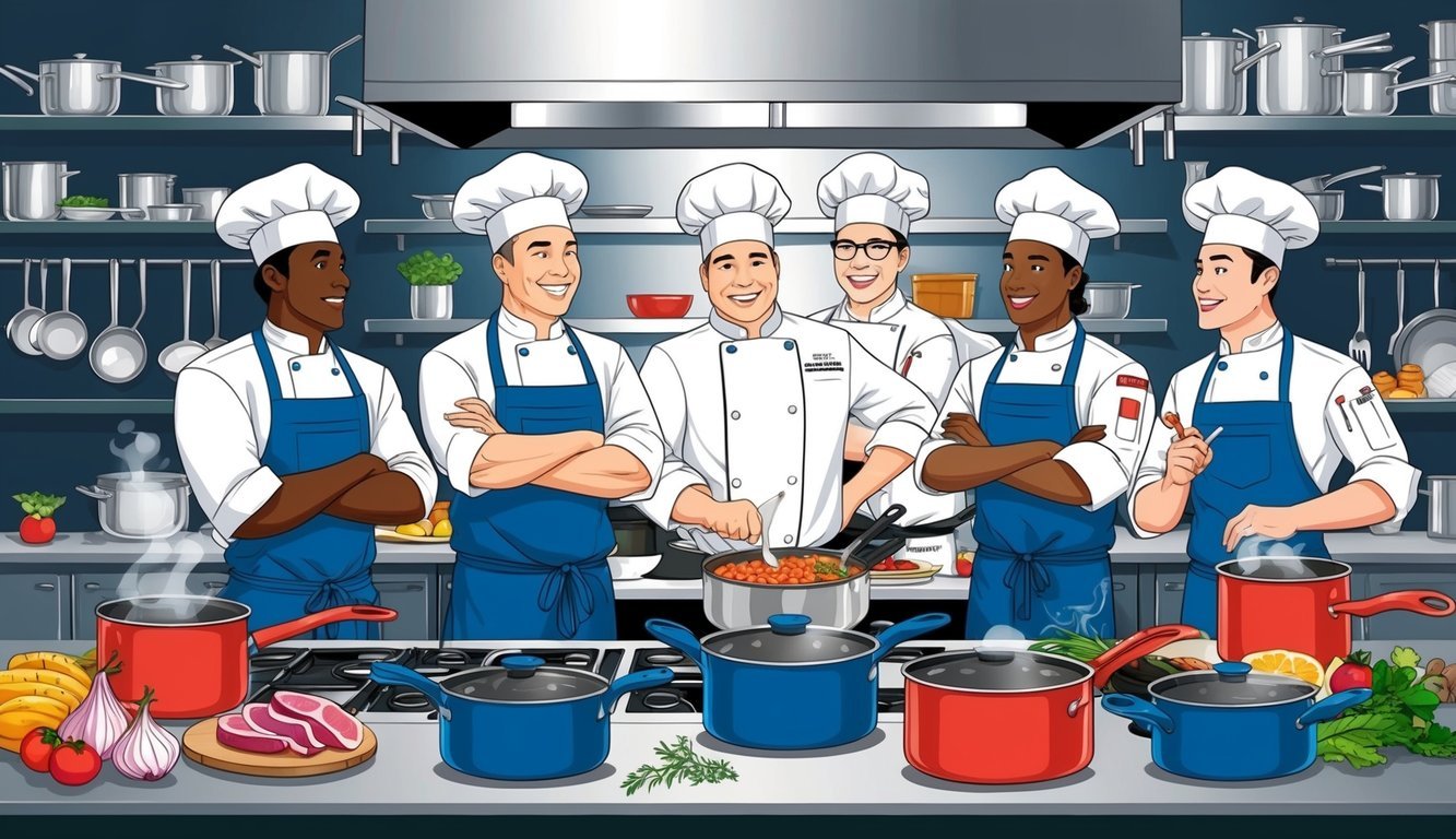 A bustling kitchen with chefs mentoring interns, surrounded by pots, pans, and fresh ingredients