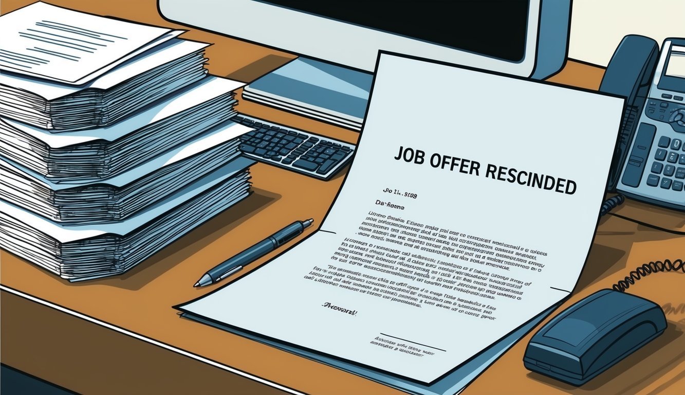 Job offer rescinded" letter on desk with pen, phone, and stacks of papers