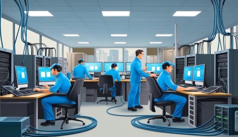 Technicians in blue uniforms working on computers in a server room