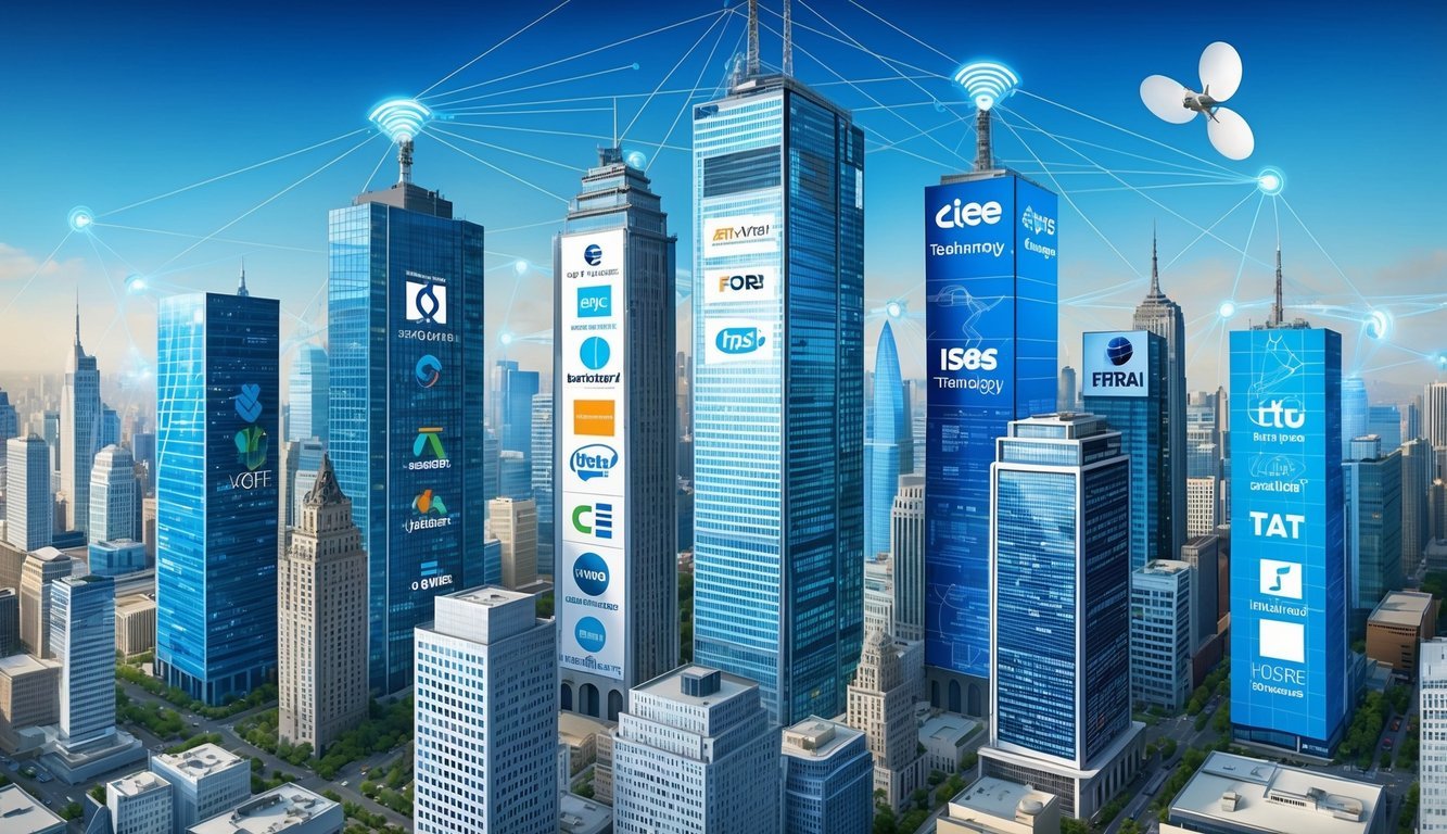 A bustling cityscape with various technology companies' logos displayed on towering skyscrapers, interconnected by a web of fiber optic cables and satellite signals