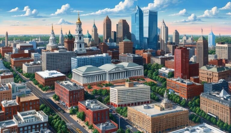 Aerial view of a city skyline with tall buildings and blue sky