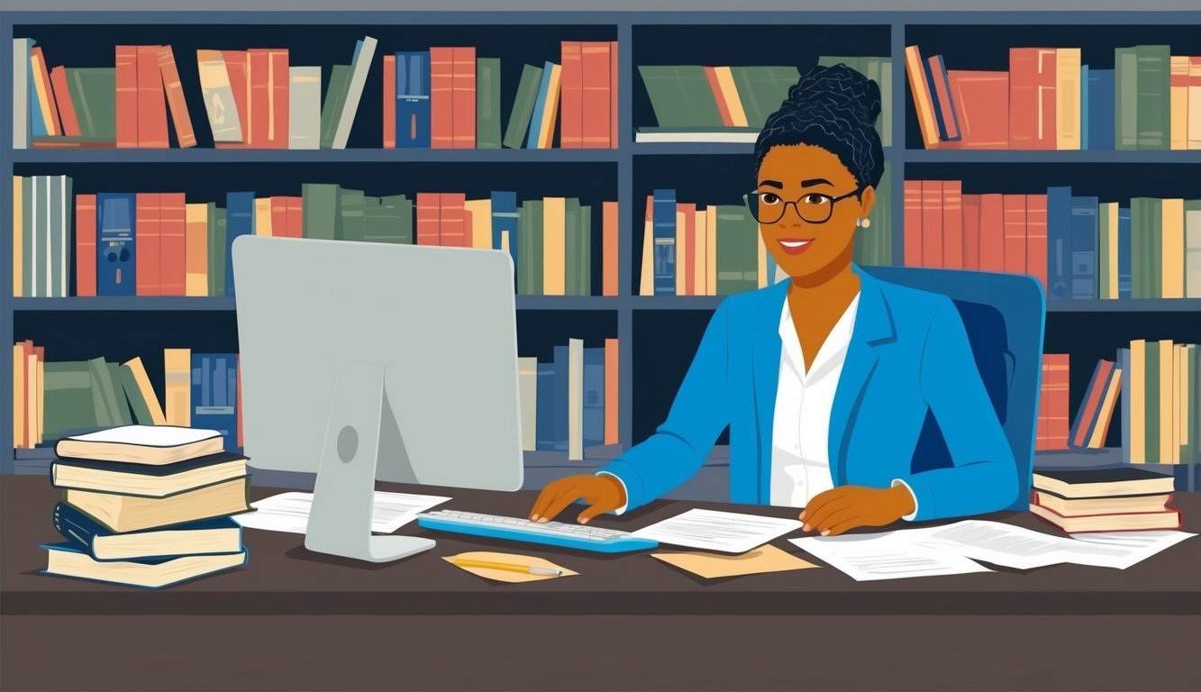 A person sitting at a desk with a computer, surrounded by books and papers, searching for job search help online