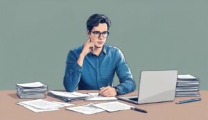 Man in glasses working at a desk with papers and a laptop