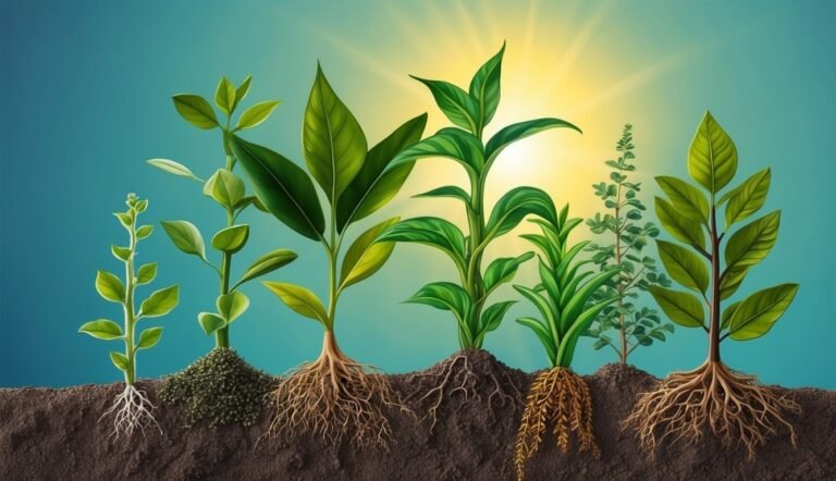 Various plants with roots in soil, sun shining in the background