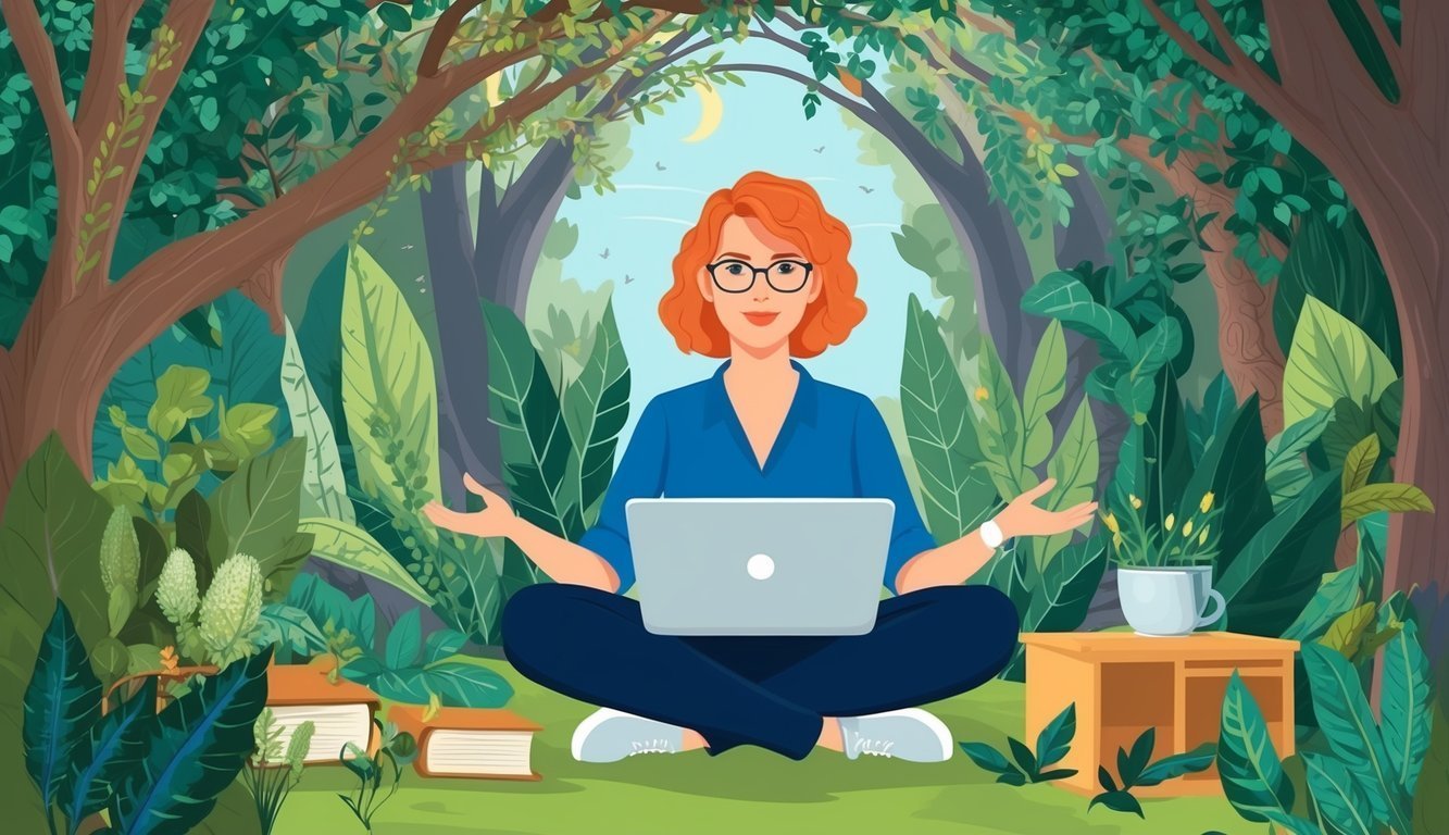 Woman with laptop meditating in a forest, surrounded by nature
