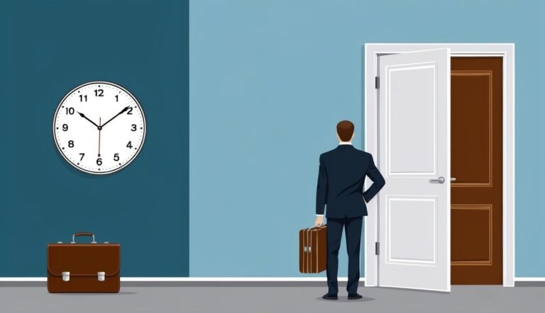 Businessman standing before an open door, briefcase in hand, clock on the wall