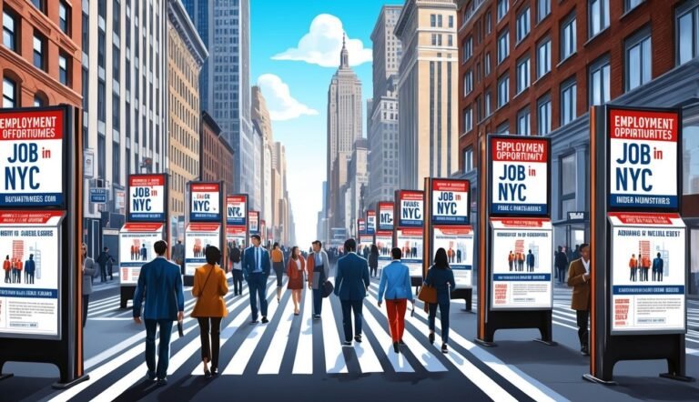 People walking on a crosswalk in NYC, with "Job in NYC" signs
